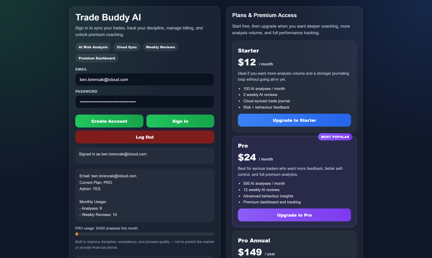 Trade Buddy AI account and billing screenshot